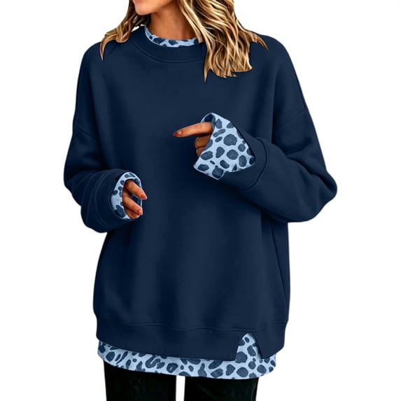 Crew Neck Layered Sweatshirt for Women,Oversized Patchwork Pullover Sweater,Cute Long Sleeve Side Split,Faux Double Layered Look,Fake Two Piece Sweatshirts,Drop Shoulder,Fall Casual Comfy Tops Navy