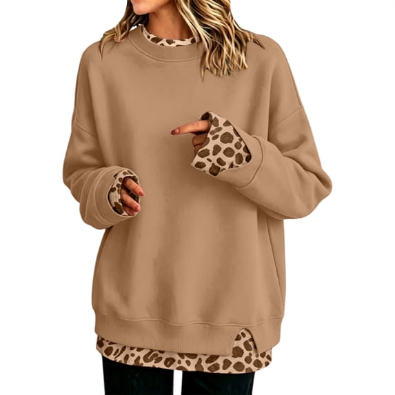 Crew Neck Layered Sweatshirt for Women,Oversized Patchwork Pullover Sweater,Cute Long Sleeve Side Split,Faux Double Layered Look,Fake Two Piece Sweatshirts,Drop Shoulder,Fall Casual Comfy Tops Coffee