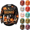 thumbnail image 1 of Crew Neck Long Sleeve Casual Sweatshirt for Men Retro Halloween All Over Print Pumpkin Ghost Candle Star Pullover, 1 of 4
