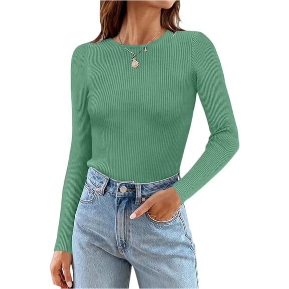 Crew Neck Long Sleeve Cute Going Out Tops for Women 2025 Casual Basic Slim Fit Womens Pullover Army Green L