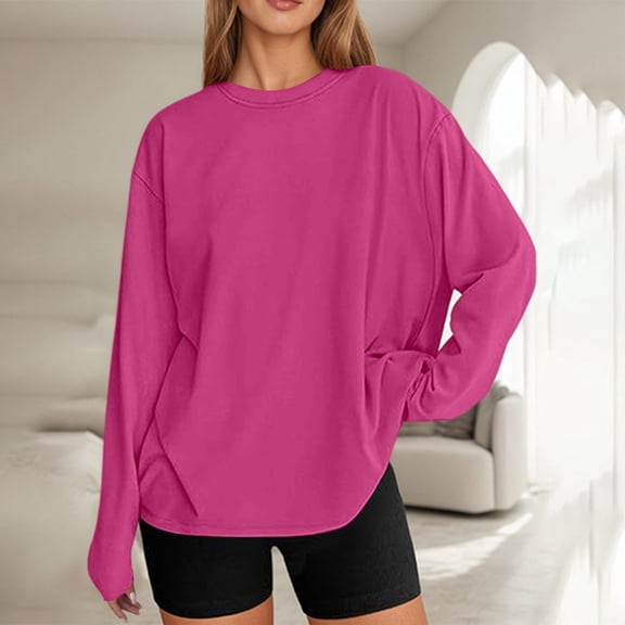 Crew Neck Long Sleeve Shirts For Women Loose Crew Neck Casual Solid Color T Shirt Shirt Fall Basic Work Tee Vacation Clothes Hot Pink XS