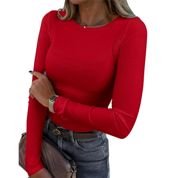 Crew Neck Long Sleeve Shirts For Women Slim Crew Neck Solid Color Long Tunic Lightweight Comfortable Fall Winter Blouses Pullover Outfits Red M