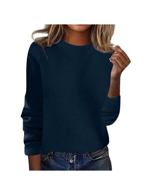 Crew Neck Long Sleeve Soft Pullover Sweater Women's Sweater Blue S