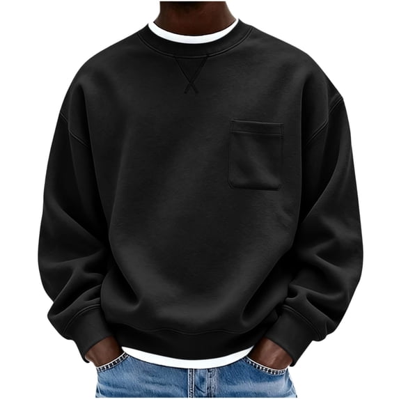 Crew Neck Men Sweatshirts Oversized Long Sleeve Fleece Pullover with Chest Pocket Lightweight Casual Fall Winter Basic Top