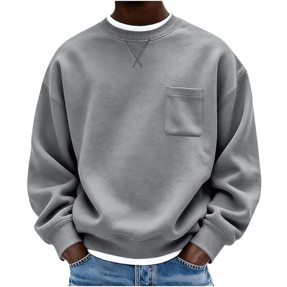 Crew Neck Men Sweatshirts Oversized Long Sleeve Fleece Pullover with Chest Pocket Lightweight Casual Fall Winter Basic Top