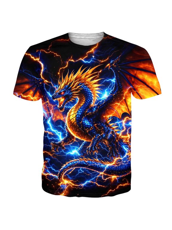 Crew Neck Men T Shirts Short Sleeve Dragon Print Loose Basic Tee Tshirt