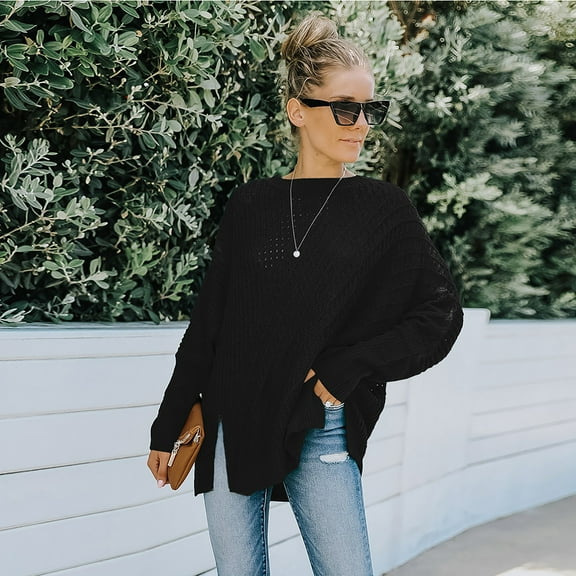 Crew Neck Mixed Knit Pattern Zipper Slit Long Sleeve Sweater