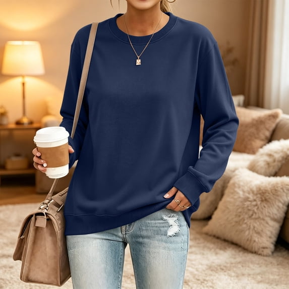 Crew Neck Pullover Tops for Women Long Sleeve Basic Solid Sweatshirts Relaxed Fall Outfit Wear Navy S