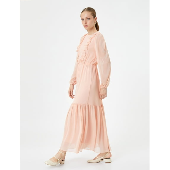 Crew Neck Ruffle Puff Sleeve Chiffon Long Dress