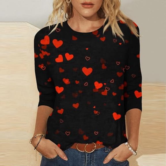 Crew Neck Shirts For Women Casual Heart Print Loose Fit Long Sleeve Blouse Comfortable Comfy Soft Blouses Vacation Clothes Black XXXL