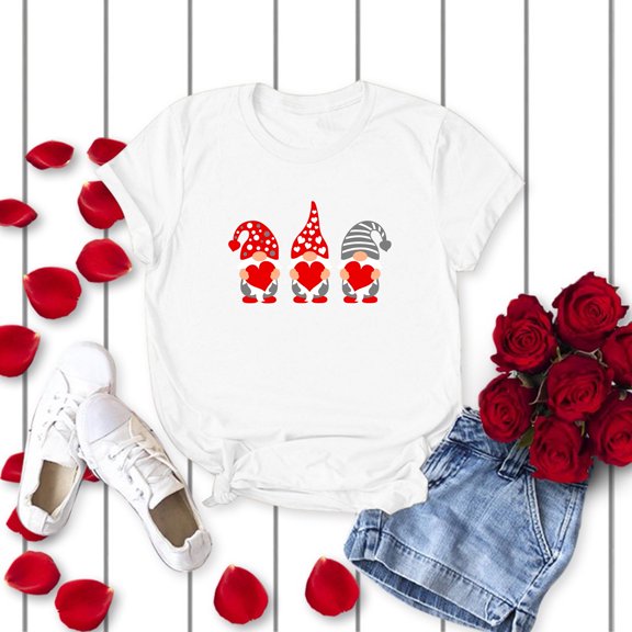 Crew Neck Shirts for Women Heart Print Fashion Loose Fit Crew Neck Short Sleeve T Shirt Casual Comfortable Comfy Soft Basic Tee Vacation Clothes White XL