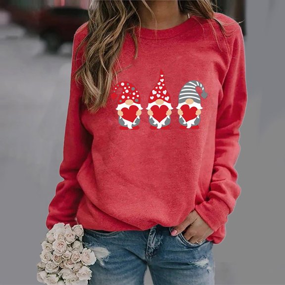 Crew Neck Shirts for Women Heart Print Heart Print Lightweight Crew Neck Long Sleeve Classic T Shirts Loose Fit Comfy Soft Blouses Vacation Clothes Red S