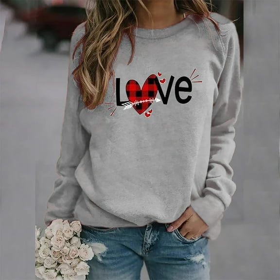 Crew Neck Shirts for Women Heart Print Crew Neck Fashion Lightweight Classic Fit T Shirt Casual Comfy Soft Basic Tee Vacation Clothes Grey L