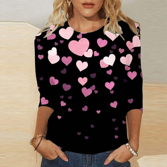 Crew Neck Shirts for Women Heart Print Lightweight Crew Neck Classic T Shirt Casual Comfortable Comfy Soft Blouses Vacation Clothes Pink XL