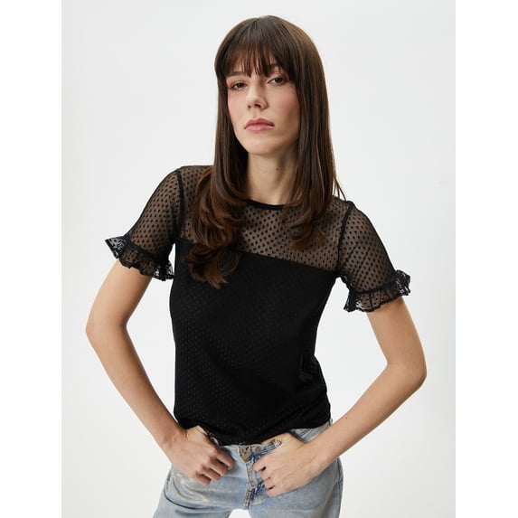 Crew Neck Short Sleeve Lacy T-Shirt