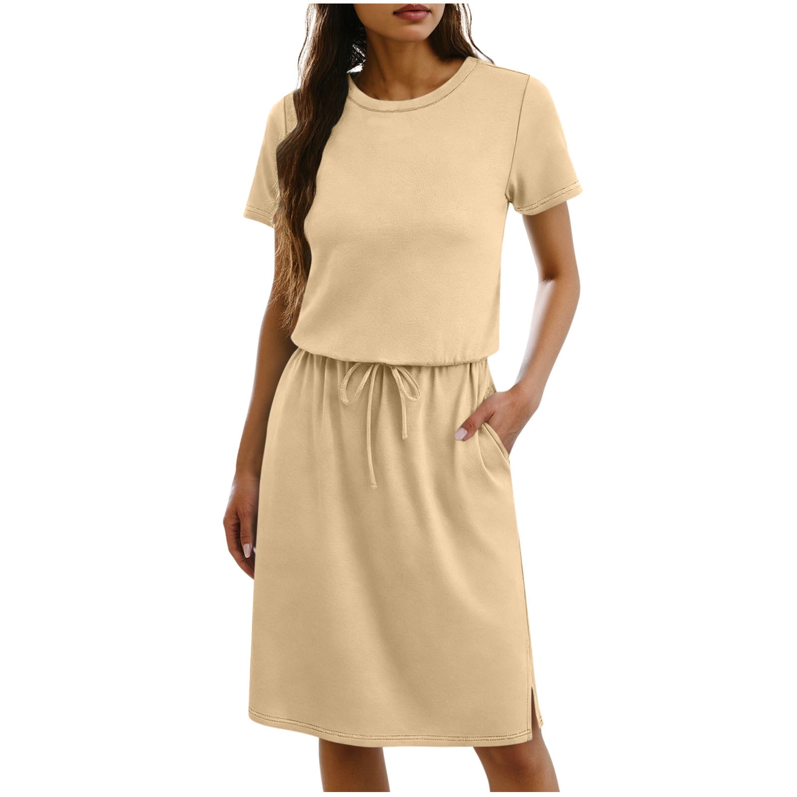 Crew Neck Short Sleeve Solid Color Dress Women Drawstring Waist Comfort ...