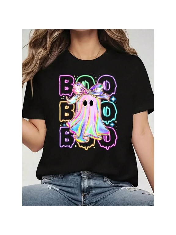 Crew Neck Short Sleeve Top with Glow-in-the-Dark Ghost Graphic for Halloween, Casual Fashion Tee