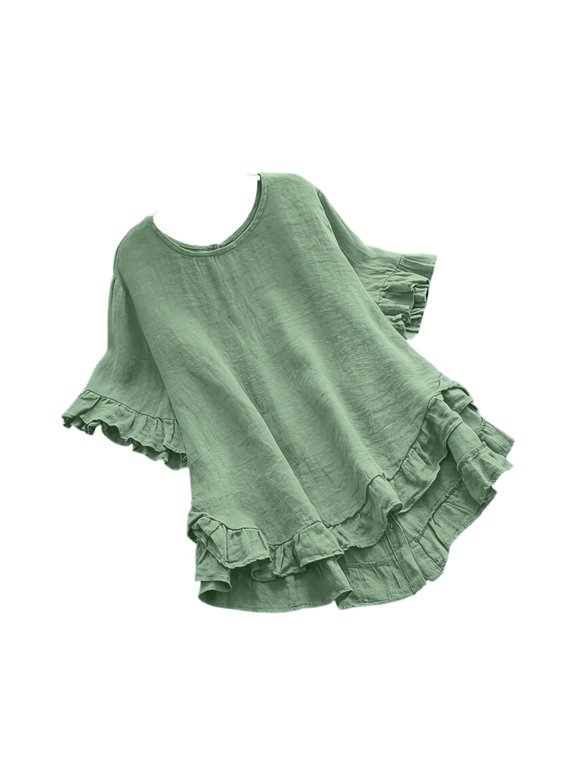Crew Neck Short Sleeve , Women's Loose Fit Button Down Cotton Ruffle Blous Casual Summer Tops Boho Blouse Linen Tops