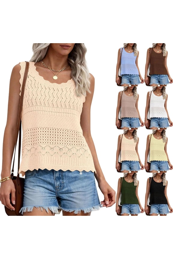 Crew Neck Sleeveless Crochet Eyelet Scalloped Hem Cropped Sweater Womens Summer Boho Knit Tank Top, #02 Beige, XXL