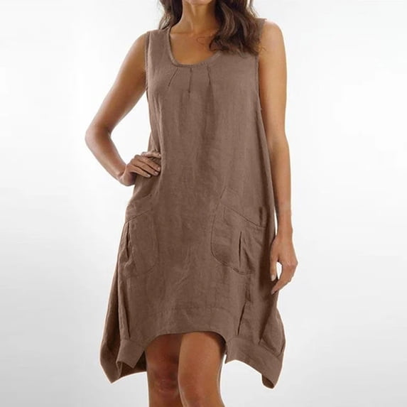 Crew Neck Summer Casual Beach Dress for Women 2026 Vacation Women's Sleeveless Sundress Brown XXXXL