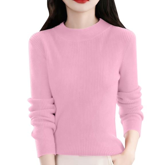 Crew Neck Sweater for Women, Yigetop Women's Pure Color Classic Stripe Semi High Neck Texture Thick Sweater Soft Warm Pullover Knitted Sweater Dressy Sweaters for Women Pink, M