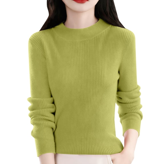 Crew Neck Sweater for Women, Yigetop Women's Pure Color Classic Stripe Semi High Neck Texture Thick Sweater Soft Warm Pullover Knitted Sweater Dressy Sweaters for Women Light Green, S