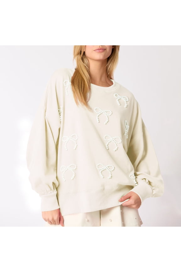 Crew Neck Sweater for Women Fashion Butterfly Print Casual Solid Color Pullover Oversize Loose Hoodless Tops (S, Beige)