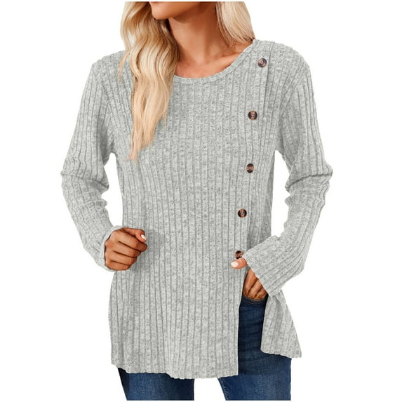Crew Neck Sweater for Women Solid Color Ribbed Knit Pullover Long Sleeve Button Hem Slit Tops Slit Fall Fashion Outfits(Gray,M)
