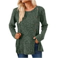 thumbnail image 1 of Crew Neck Sweater for Women Solid Color Ribbed Knit Pullover Long Sleeve Button Hem Slit Tops Slit Fall Fashion Outfits(Green,L), 1 of 5