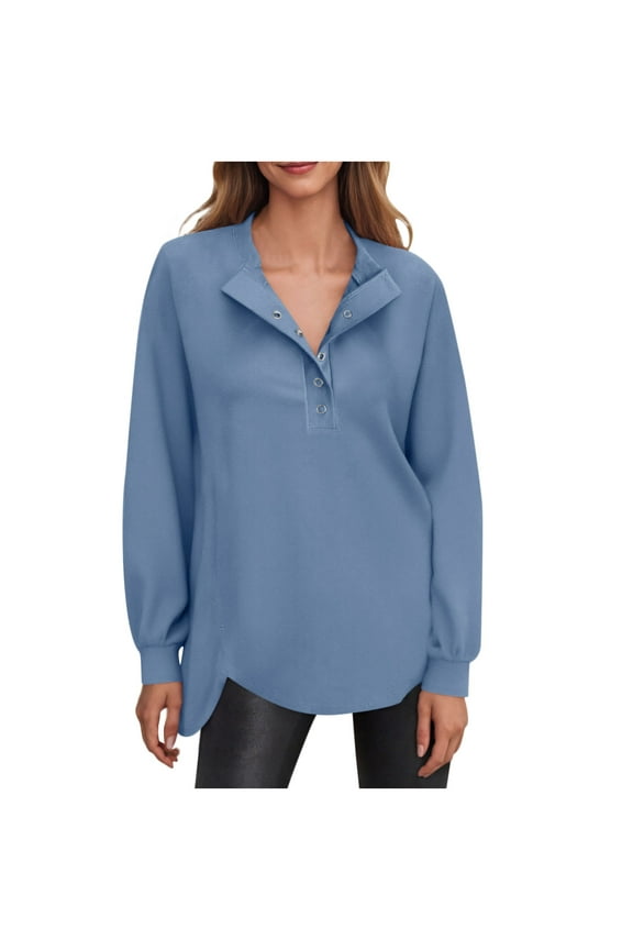 Crew Neck Sweatshirt Women Snap Button Long Sleeve Tunic Tops Casual Travel Pullover Shirts Winter Clothes