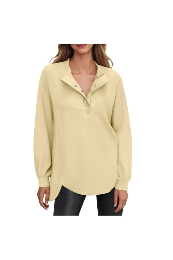 Womens Mock Neck Sweatshirt - Snap Front Pullover Shirt - Fall Casual Soft Solid Color Long Sleeve Tunic Tops