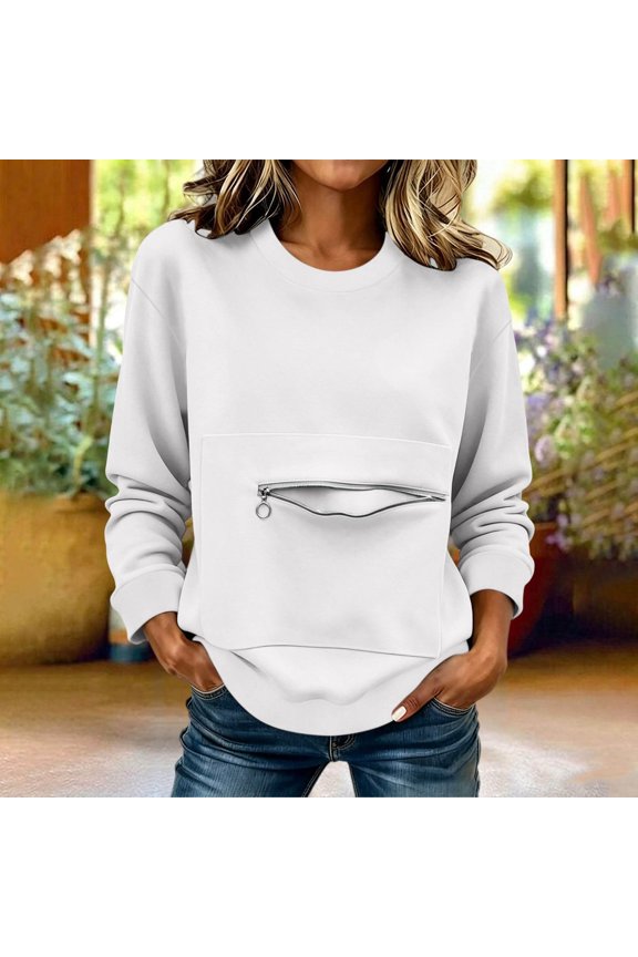 Crew Neck Sweatshirt for Women Long Leeve Lightweight Pullovers with Zipper Pocket Casual Loose Trendy Going out Tops White XL