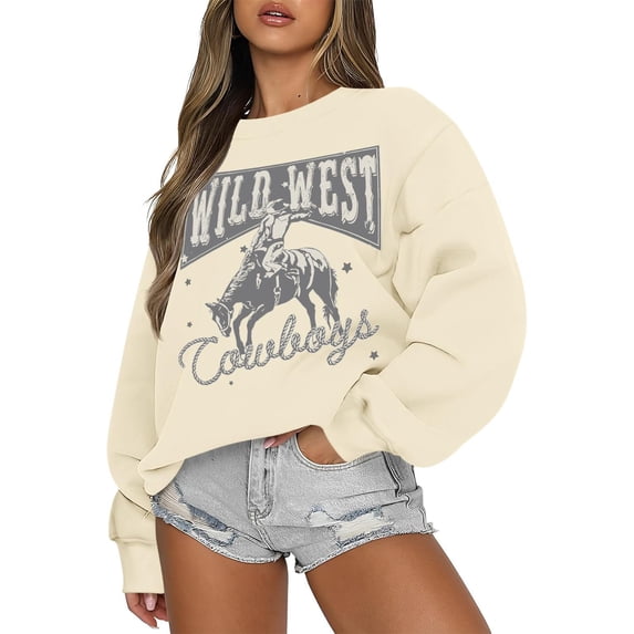 Crew Neck Sweatshirts Western Cowboy Print Long Sleeve Loose No Hood Top Vintage Streetwear Womens Sweatshirt Beige L
