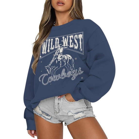 Crew Neck Sweatshirts Western Cowboy Print Long Sleeve Loose No Hood Top Vintage Streetwear Womens Sweatshirt Navy XXL