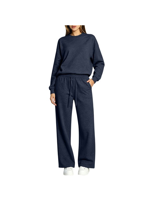 Crew Neck Sweatshirts Women,2 Piece Sets for Women Soft Sweatshirts Pullover Sweatshirt Sweat Set Jackets for Women Athleisure Sets Women Solid Color Active Wear Sets,Navy,XL