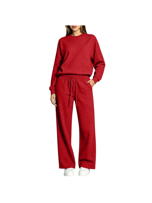 Crew Neck Sweatshirts Women,2 Piece Sets for Women Track Suits for Women Set Airport Set Comfy Matching Sets Active Wear Sets Fall Sets for Women Sweat Set Travel Outfits,Red,3XL