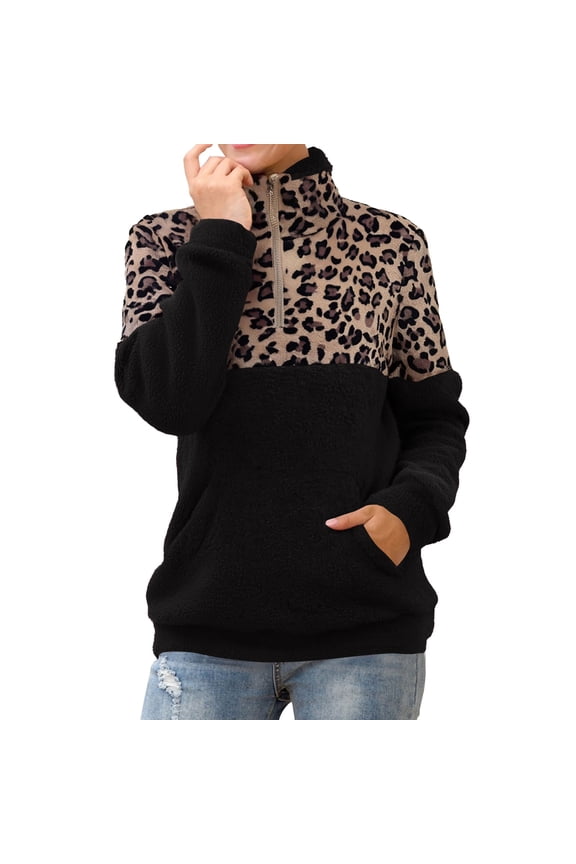 Crew Neck Sweatshirts Women Casual Fashion Leopard Print Sweater Stitching 1/4 Zipper Collar Top Double Fleece Warm Women's Sweatshirt Black XL