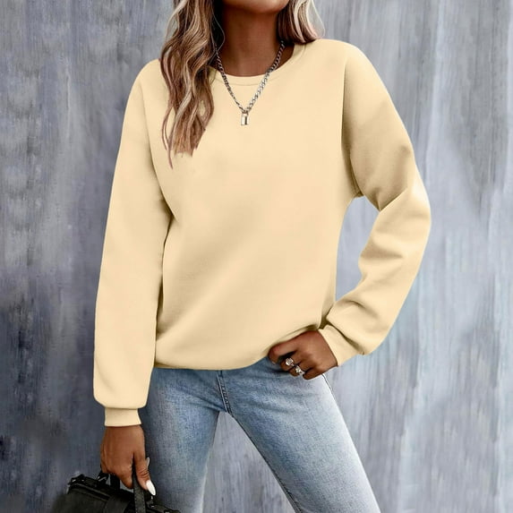 Crew Neck Sweatshirts Women Casual Long Sleeve Pullover Trendy Solid Color Tops Ribbed Hem Sweater Fall Sweatshirts for Women
