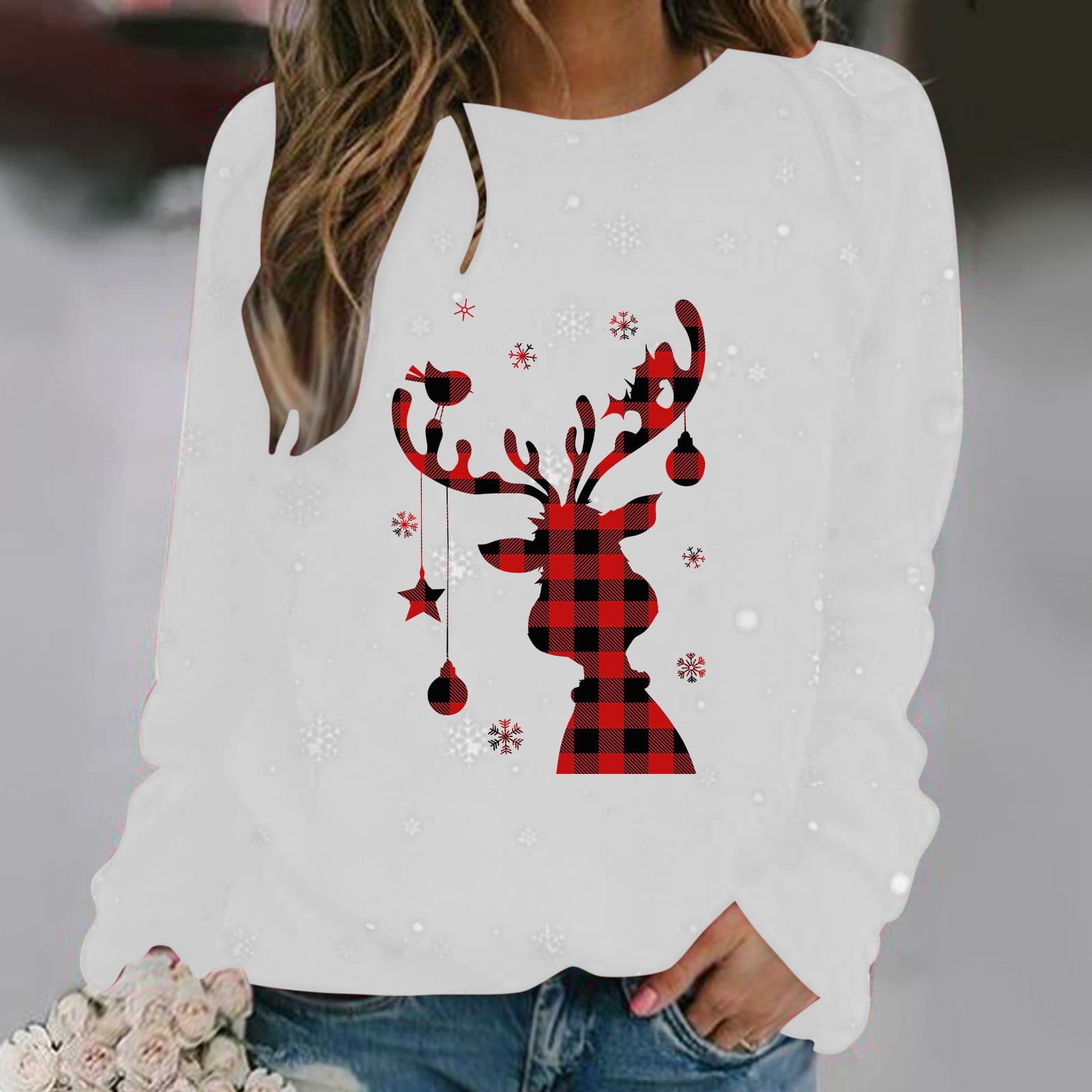 Crew Neck Sweatshirts Women Christmas Long Sleeve Tops Reindeer Graphic ...