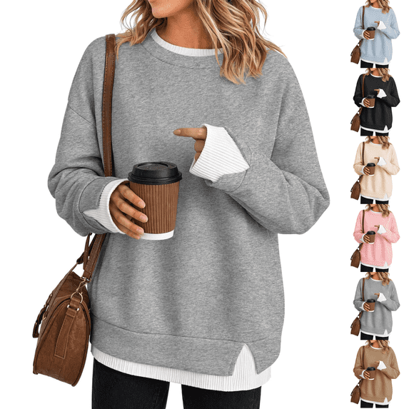 Crew Neck Sweatshirts Women Fake Layered Y2k Pullover Sweat Shirts Cute Cozy Oversized Sweatshirt Lightweight Travel Long Sleeve Top Crewneck Pullover Sweater Streetwear