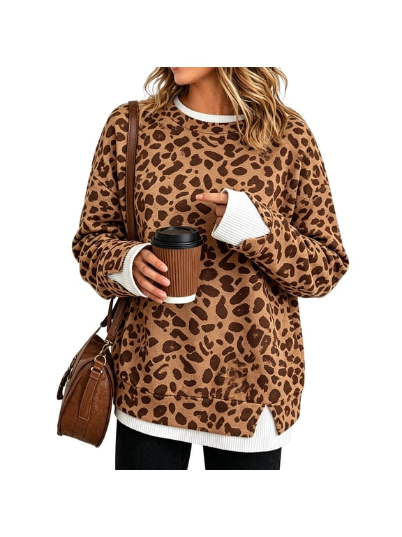 Crew Neck Sweatshirts Women Fake Two Piece Patchwork Leopard Print Cheetah Pullover Cute Oversized Long Sleeve Top Black S