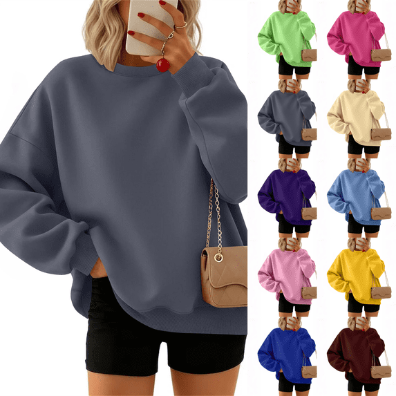 Crew Neck Sweatshirts Women Fall Oversized Crewneck Sweatshirt Rib Cuff Sleeve Vintage Fleece Pullover Loose Fit Cute Y2K 2026 Dark Gray L