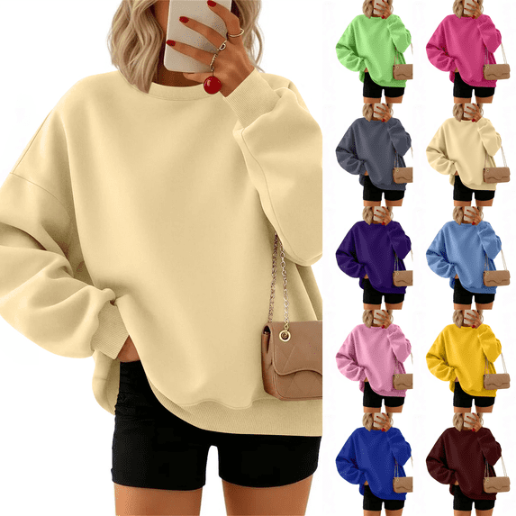 Crew Neck Sweatshirts Women Fall Oversized Crewneck Sweatshirt Rib Cuff Sleeve Vintage Fleece Pullover Loose Fit Cute Y2K 2026 Khaki L