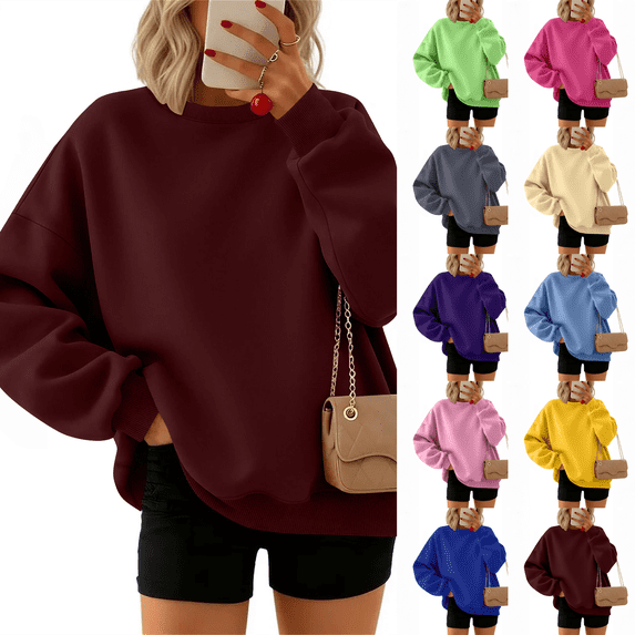 Crew Neck Sweatshirts Women Fall Oversized Crewneck Sweatshirt Rib Cuff Sleeve Vintage Fleece Pullover Loose Fit Cute Y2K 2026 Wine 3XL