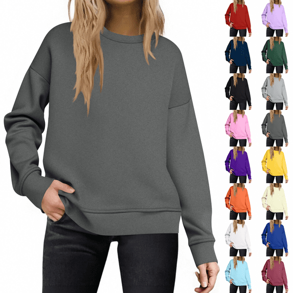 Crew Neck Sweatshirts Women Fall Oversized Crewneck Sweatshirt Vintage Fleece Pullover Loose Fit Cute Y2K Hoodie Dark Gray 2XL