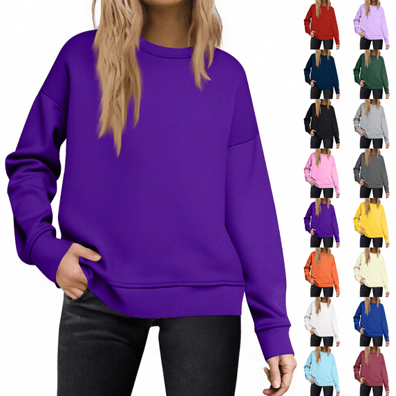 Crew Neck Sweatshirts Women Fall Oversized Crewneck Sweatshirt Vintage Fleece Pullover Loose Fit Cute Y2K Hoodie Purple L
