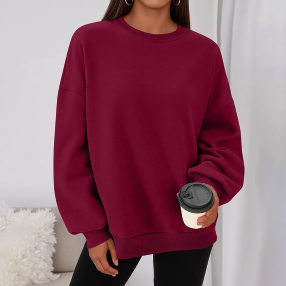 Crew Neck Sweatshirts Women Fall Oversized Crewneck Sweatshirt Vintage Fleece Pullover Loose Fit Cute Y2K Hoodie Wine 2XL