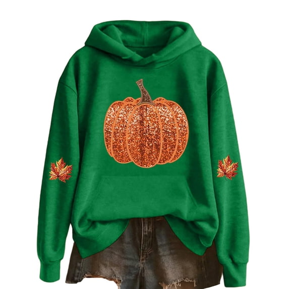 Crew Neck Sweatshirts Women Graphic Sequin Fall Pumpkin Halloween Pullover Tops Oversized Thanksgiving Autumn Shirts Green S