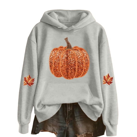 Crew Neck Sweatshirts Women Graphic Sequin Fall Pumpkin Halloween Pullover Tops Oversized Thanksgiving Autumn Shirts Light Gray 3XL