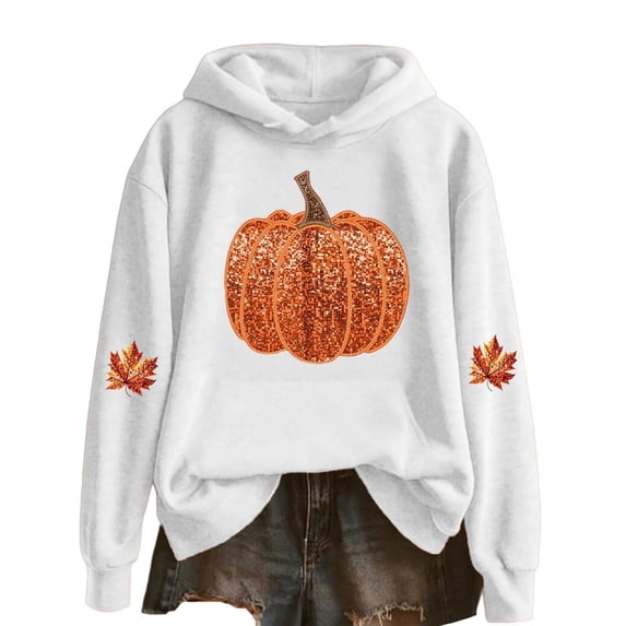 Crew Neck Sweatshirts Women Graphic Sequin Fall Pumpkin Halloween Pullover Tops Oversized Thanksgiving Autumn Shirts White M